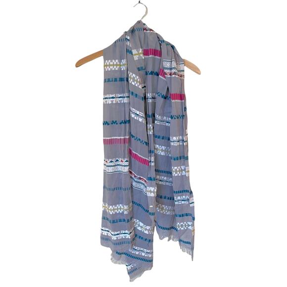 Rectangle Scarf Boho Embroidered Lightweight Gauze Gray Multicolor Trims Raw Hem - Picture 3 of 7